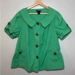 Women's Size 14 Lane Bryant Y2K Green Peter Pan Collar Button Pocket Detail Top